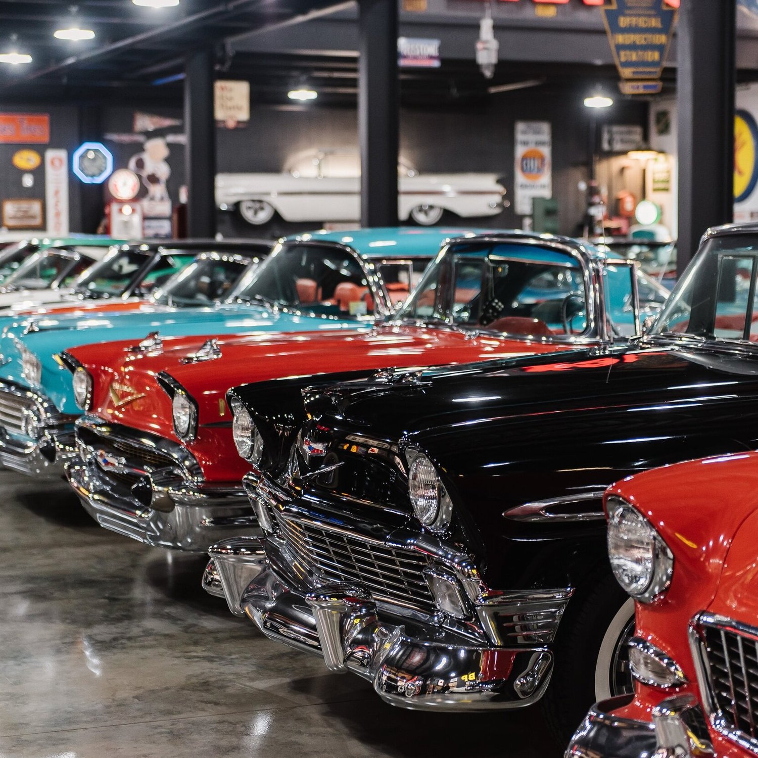 Classic cars lined up inside the museum