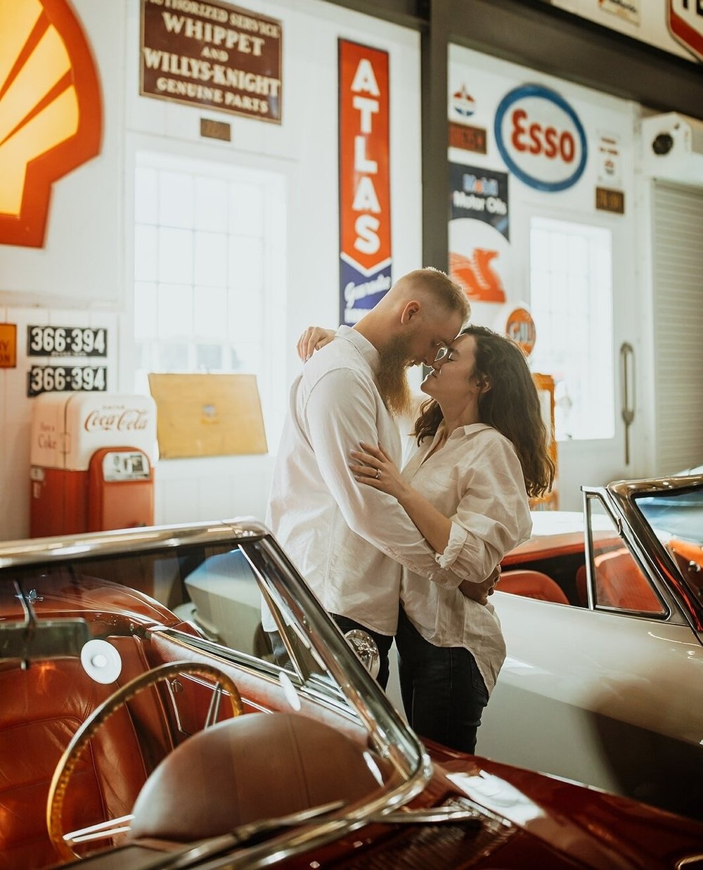Engagement photos taken at Barry's Car Barn